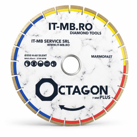 Disc diamantat silentios Octagon Marmofast de 350 mm model 7 mm Plus pentru taiere curata fara ciobire pe marmura travertin si calcar
