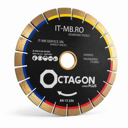 Disc diamantat profesional Octagon Plus de 300 mm alezaj H60 cu segment de 20 mm pentru taiere rapida granit cuart andezit bazalt si roci vulcanice