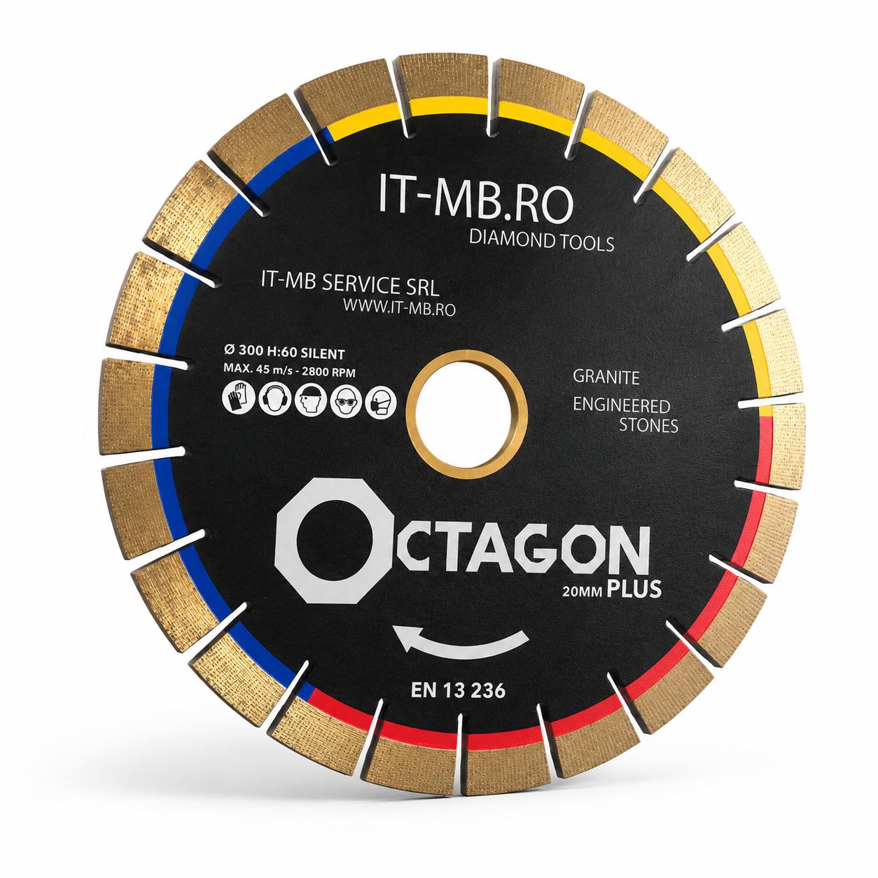 Disc diamantat profesional Octagon Plus de 300 mm alezaj H60 cu segment de 20 mm pentru taiere rapida granit cuart andezit bazalt si roci vulcanice
