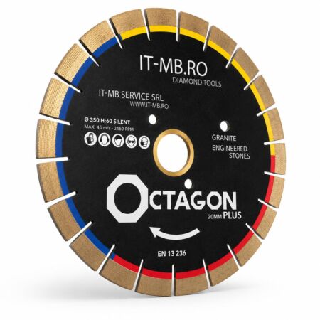 Disc diamantat profesional Octagon Plus de 350 mm alezaj H60 cu segment de 20 mm pentru taiere granit cuart andezit bazalt si roci vulcanice