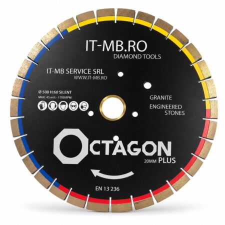 Disc diamantat profesional Octagon Plus de 500 mm alezaj H60 cu segment de 20 mm pentru taiere granit cuart andezit bazalt si roci vulcanice