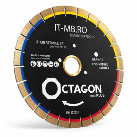 Disc diamantat profesional Octagon Plus de 400 mm alezaj H60 cu segment de 20 mm pentru taiere granit cuart andezit bazalt si roci vulcanice