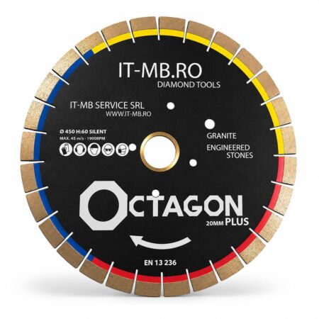 Disc diamantat profesional Octagon Plus de 450 mm alezaj H60 cu segment de 20 mm pentru taiere granit cuart andezit bazalt si piatra naturala dura