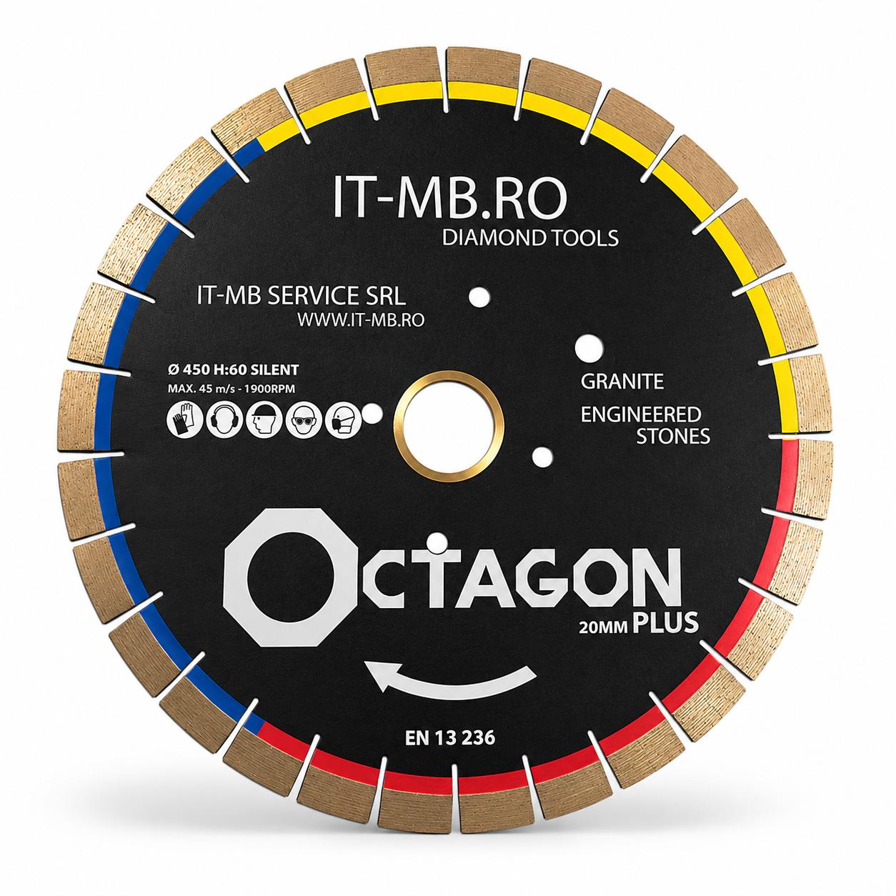 Disc diamantat profesional Octagon Plus de 450 mm alezaj H60 cu segment de 20 mm pentru taiere granit cuart andezit bazalt si piatra naturala dura