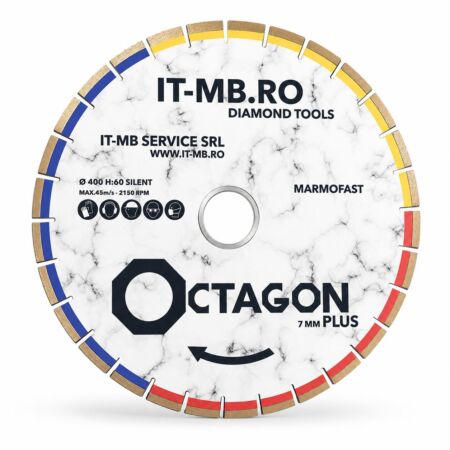 Disc diamantat silentios Octagon Marmofast de 400 mm model 7 mm Plus pentru taiere curata fara ciobire pe marmura travertin si calcar