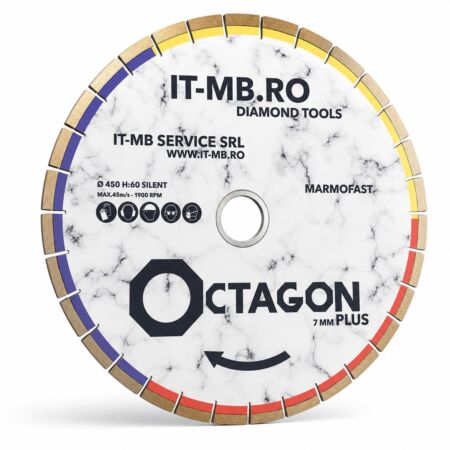 Disc diamantat silentios Octagon Marmofast de 450 mm model 7 mm Plus pentru taiere curata fara ciobire pe marmura travertin si calcar