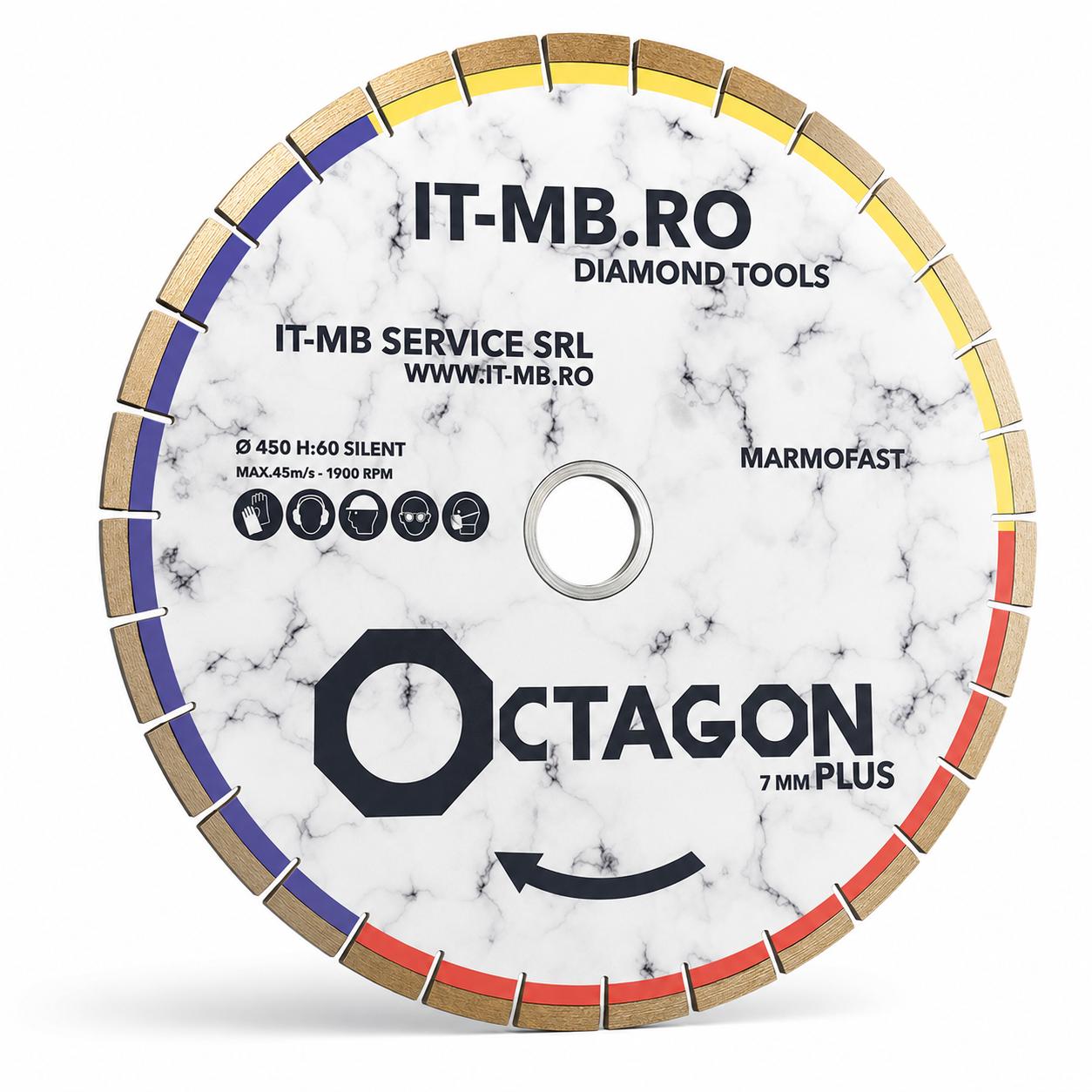 Disc diamantat silentios Octagon Marmofast de 450 mm model 7 mm Plus pentru taiere curata fara ciobire pe marmura travertin si calcar