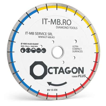 Disc diamantat silentios Octagon Ultra Compact de 400 mm model 10 mm Plus pentru taiere curata gresie portelanata placi sinterizate Dekton si Laminam