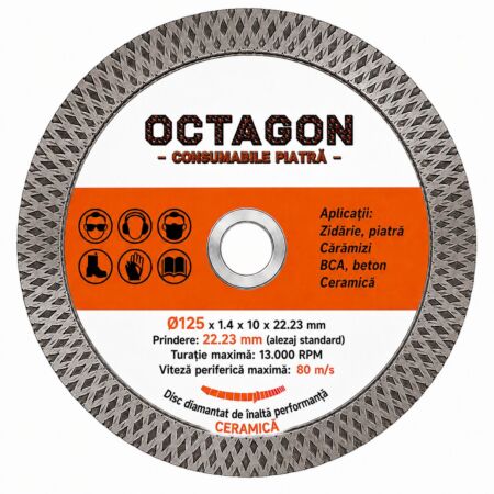Disc diamantat Octagon Turbo 125 mm pentru taiere beton gresie si piatra naturala