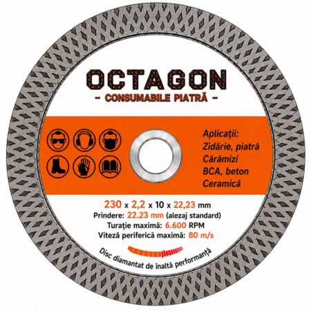 Disc diamantat Octagon Turbo 230 mm profesional pentru taiere beton caramida si BCA
