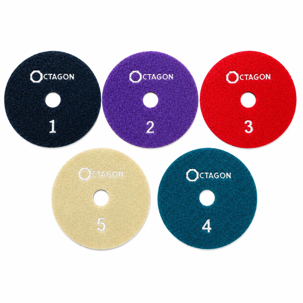 Set de 5 paduri diamantate Octagon de 100 mm pentru slefuire si lustruire umeda cu apa in 5 pasi pentru granit si gresie portelanata
