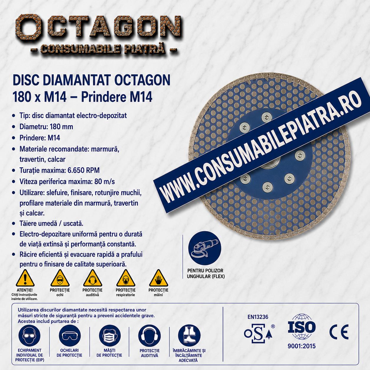 Disc diamantat electro-depozitat Octagon 180 mm cu prindere M14 pentru slefuire finisare si rotunjire muchii marmura travertin si calcar