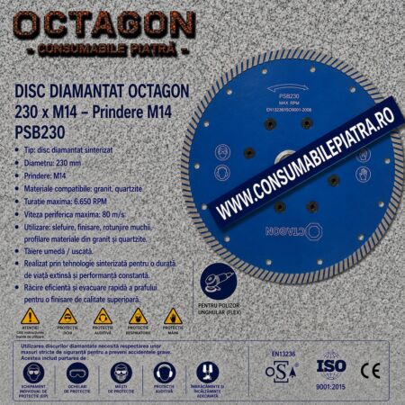 Disc diamantat sinterizat Octagon PSA230 de 230 mm cu prindere filet M14 pentru polizor unghiular slefuire si finisare granit si