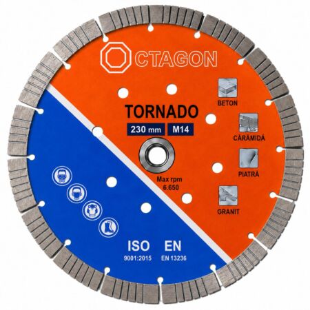 Disc diamantat sinterizat Octagon Tornado 230 mm cu prindere M14 pentru taiere beton caramida piatra si granit