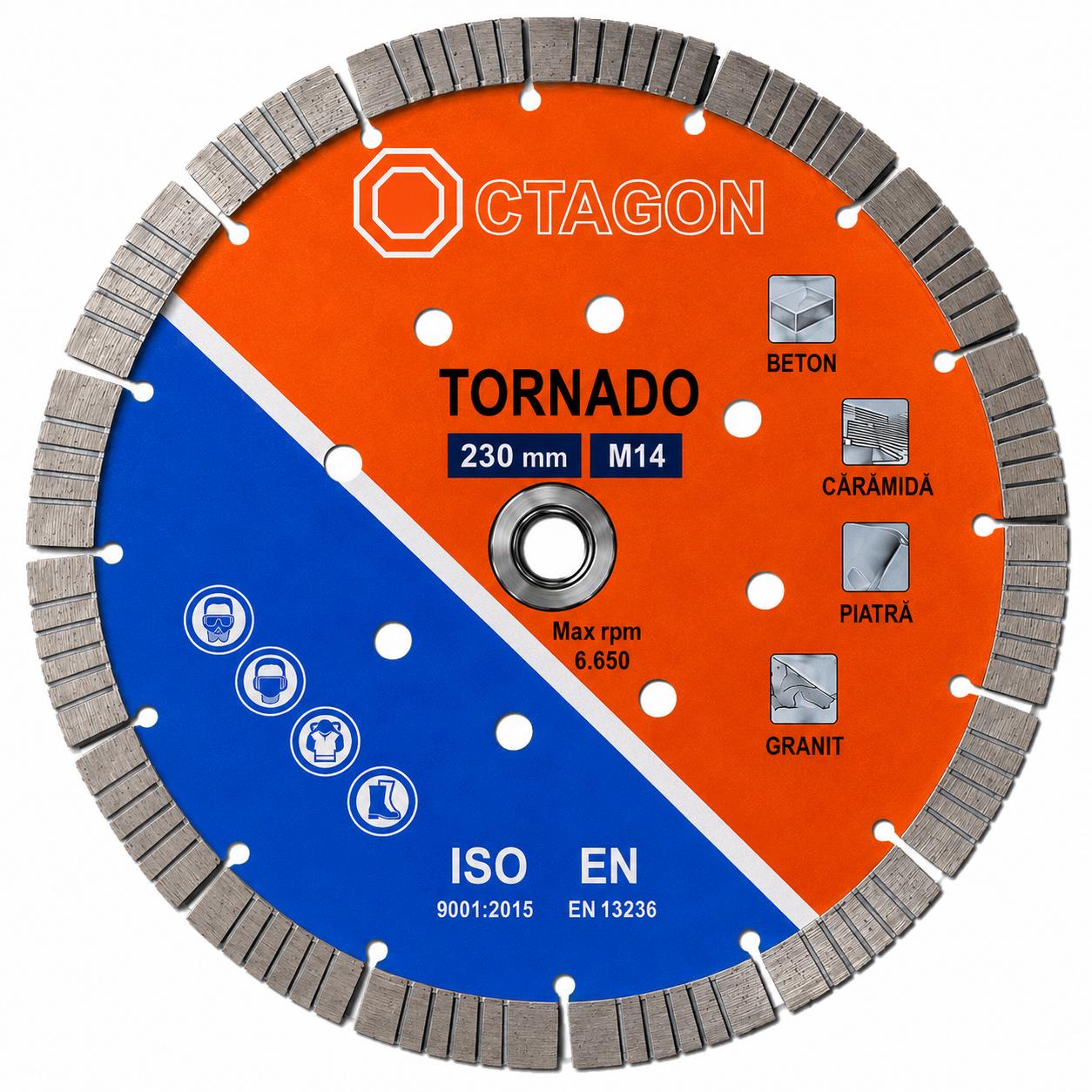 Disc diamantat sinterizat Octagon Tornado 230 mm cu prindere M14 pentru taiere beton caramida piatra si granit