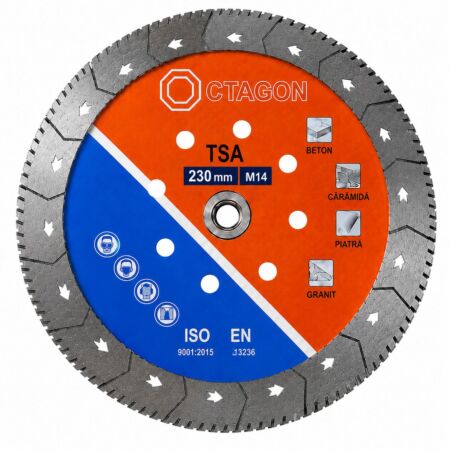 Disc diamantat sinterizat Octagon TSA 230 mm cu prindere M14 pentru taiere beton caramida piatra si granit